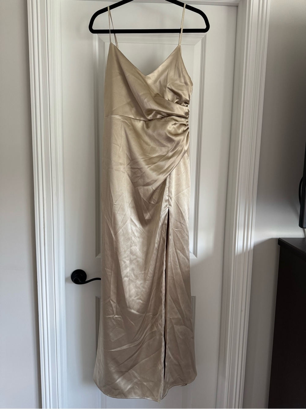 Birdy Grey Catherine Shiny Satin Bridesmaid Dress Neutral Champagne Medium Gown